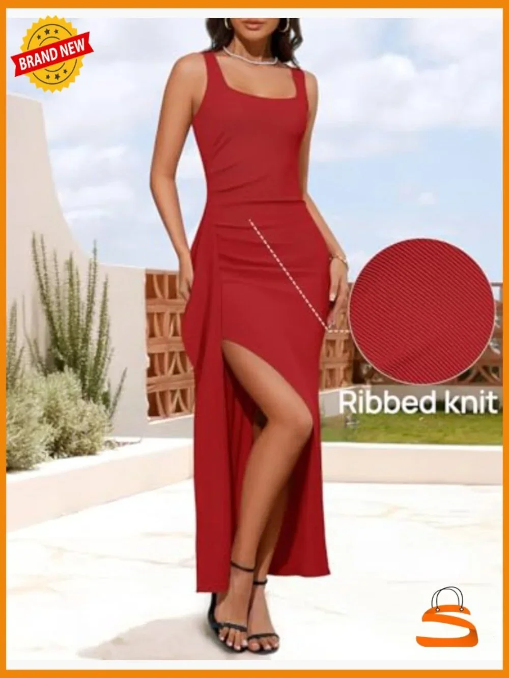 Sleeveless Square Neck High Slit Bodycon Maxi Dress - Picture 4 of 7